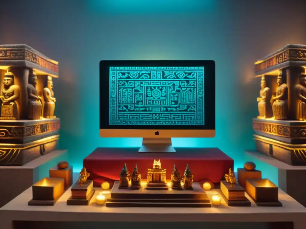 Rituales mayas simulaciones computacionales: Pantalla detallada con rituales mayas en 3D, libros, artefactos y tecnología moderna en una habitación