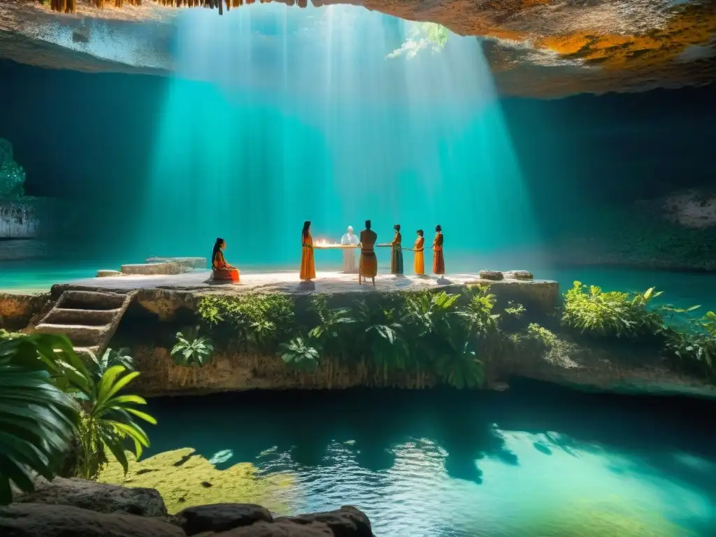 Rituales ocultos en cenotes maya: Mayas realizan ceremonia sagrada en cenote, rodeados de naturaleza exuberante y misticismo ancestral