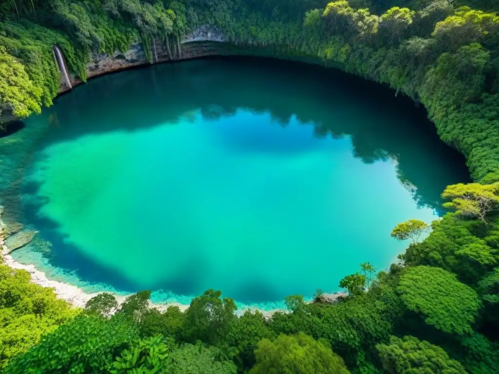 Rituales ocultos en cenotes maya: cenote cristalino rodeado de vegetación exuberante y artefactos mayas en el fondo