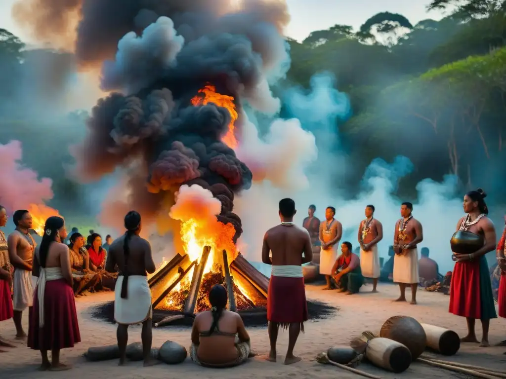 Rituales de purificación en comunidad: Celebración de un ritual maya alrededor de una fogata en la selva