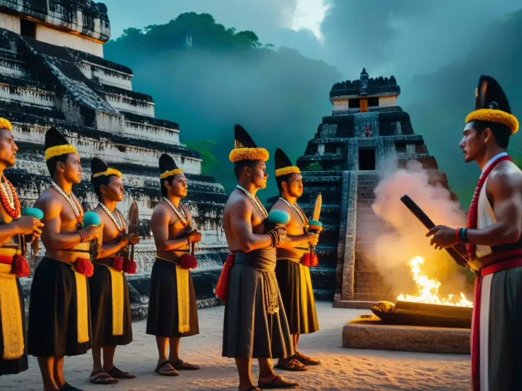 Rituales de sacrificio funerario maya: Mayas en ritual con cuchillos de obsidiana en mano, bajo la luz de antorchas en templo antiguo