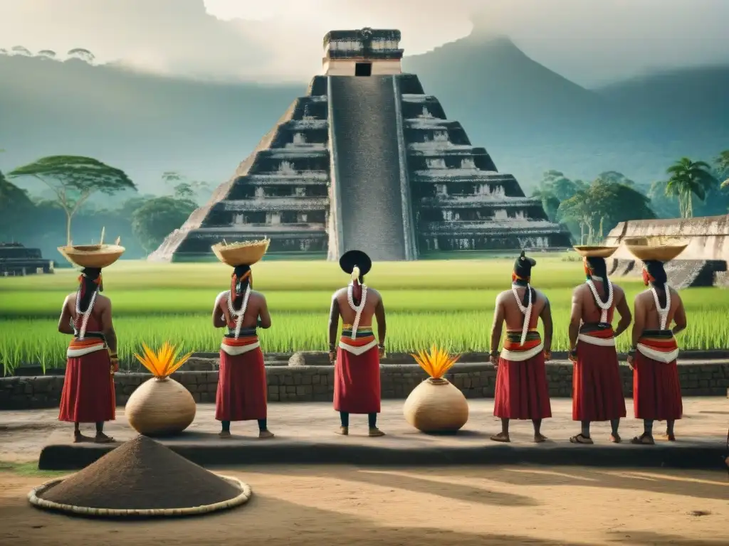 Rituales y sacrificios en cultura maya: Ceremonia agrícola tradicional con danza y siembra de semillas frente a pirámides mayas bajo el sol brillante