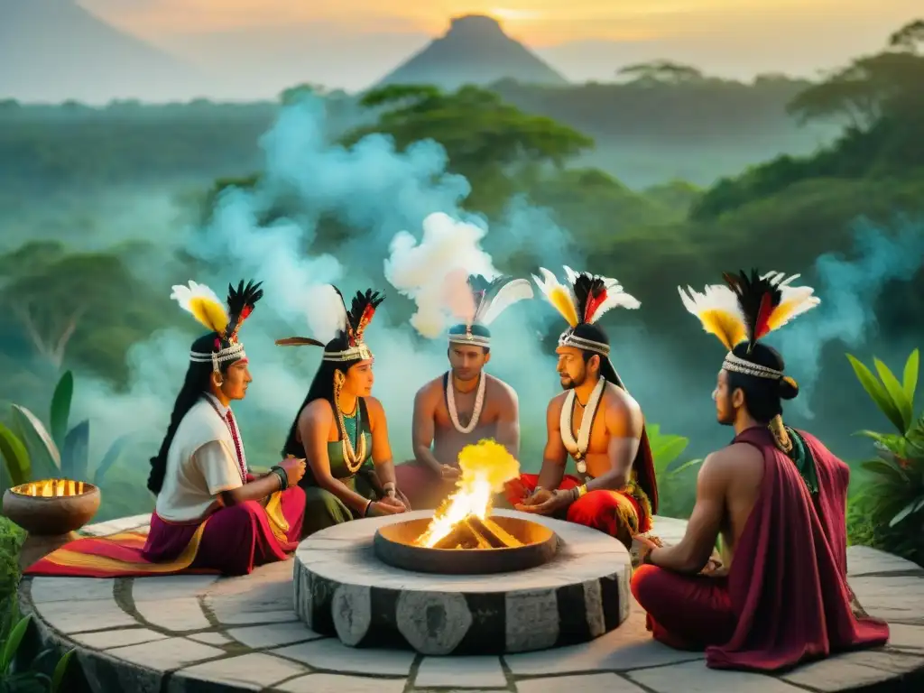 Rituales y sacrificios en cultura maya: Ceremonia sagrada al atardecer en la selva con sacerdotes mayas y antiguas ruinas