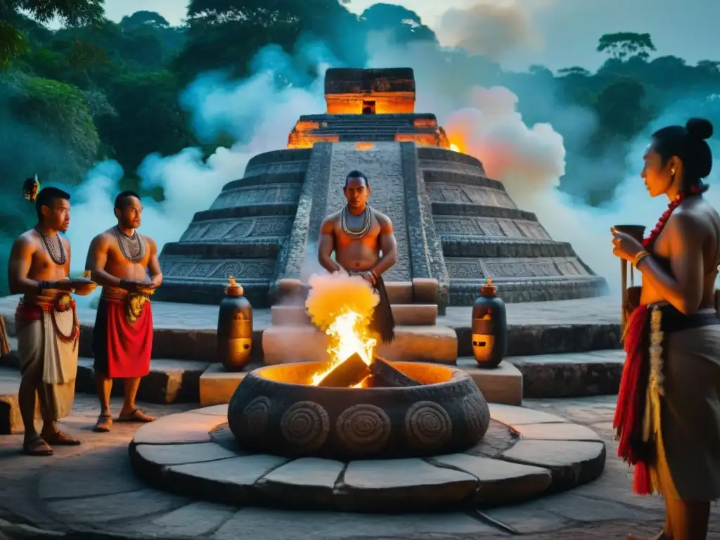 Rituales temazcal maya en la selva al anochecer con chaman y participantes entrando a estructura de piedra vaporosa