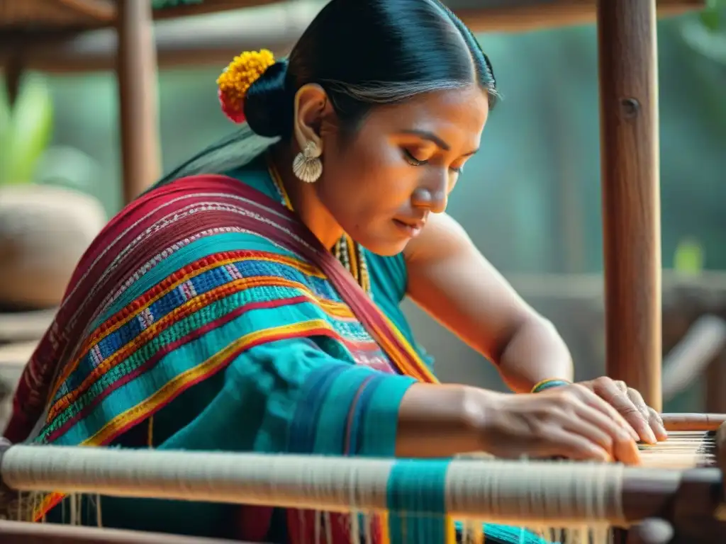 Rituales textiles cultura maya: Mujer maya tejiendo con destreza en telar de madera, mostrando profundo significado cultural