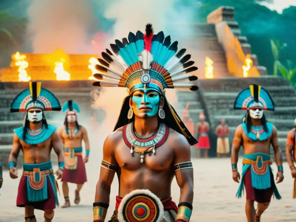 Rituales de victoria en la civilización maya: celebración sagrada con danzas, trajes y máscaras tradicionales en ruinas iluminadas