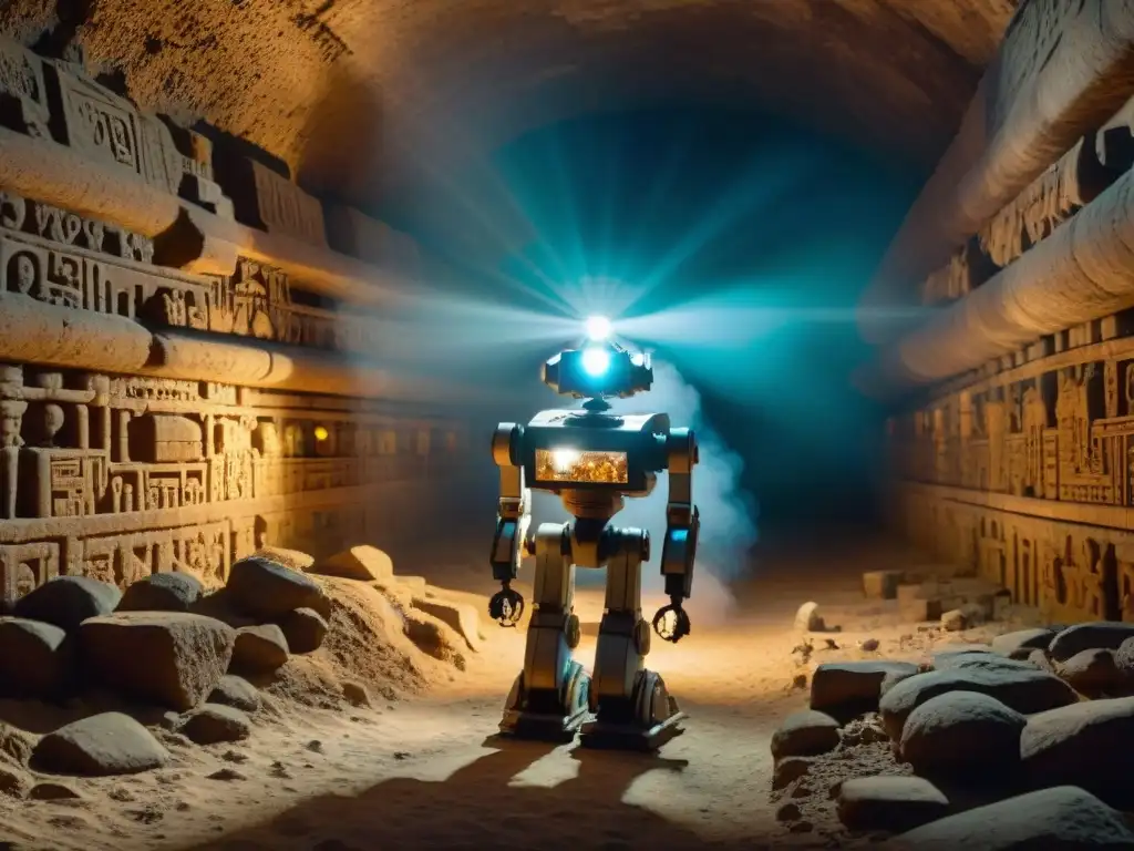 Un robot avanzado explorando túneles mayas, iluminando jeroglíficos antiguos