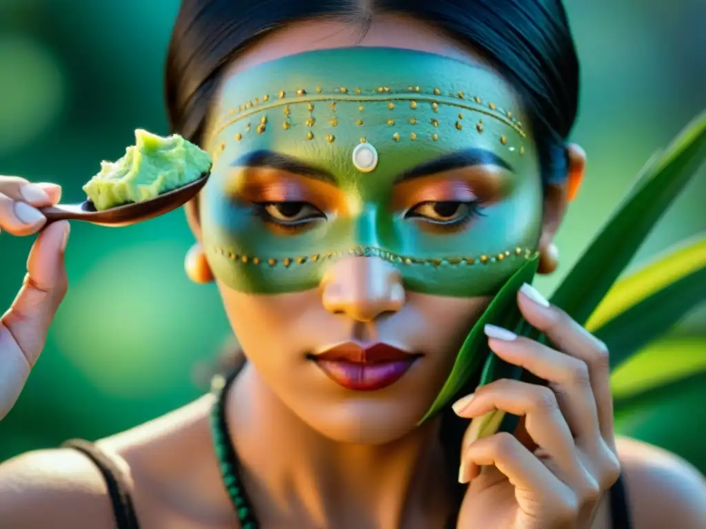 Rostro sereno de mujer maya aplicando mascarilla de ingredientes mayas naturales