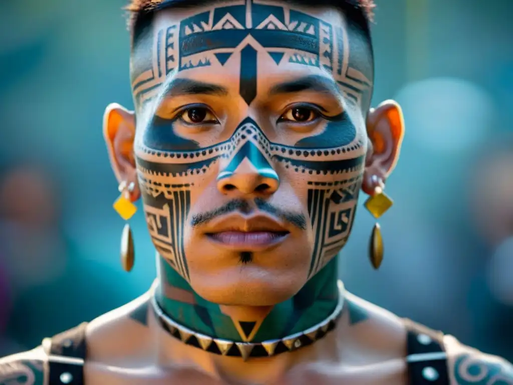 El rostro tatuado de un maya muestra un intrincado diseño de líneas y puntos que revelan su estatus y rol en la comunidad