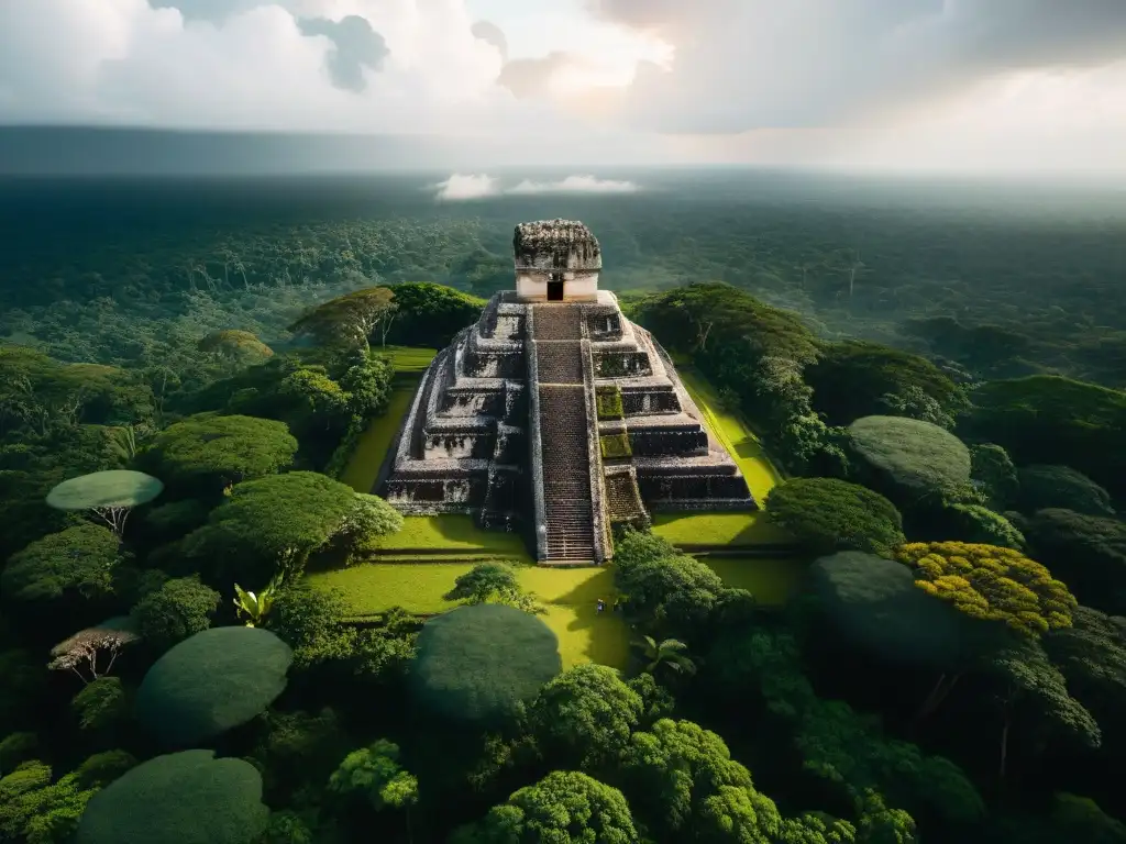 Ruinas antiguas de la ciudad Maya rodeadas de exuberante selva tropical, con detalle de templos y pirámides entre la vegetación