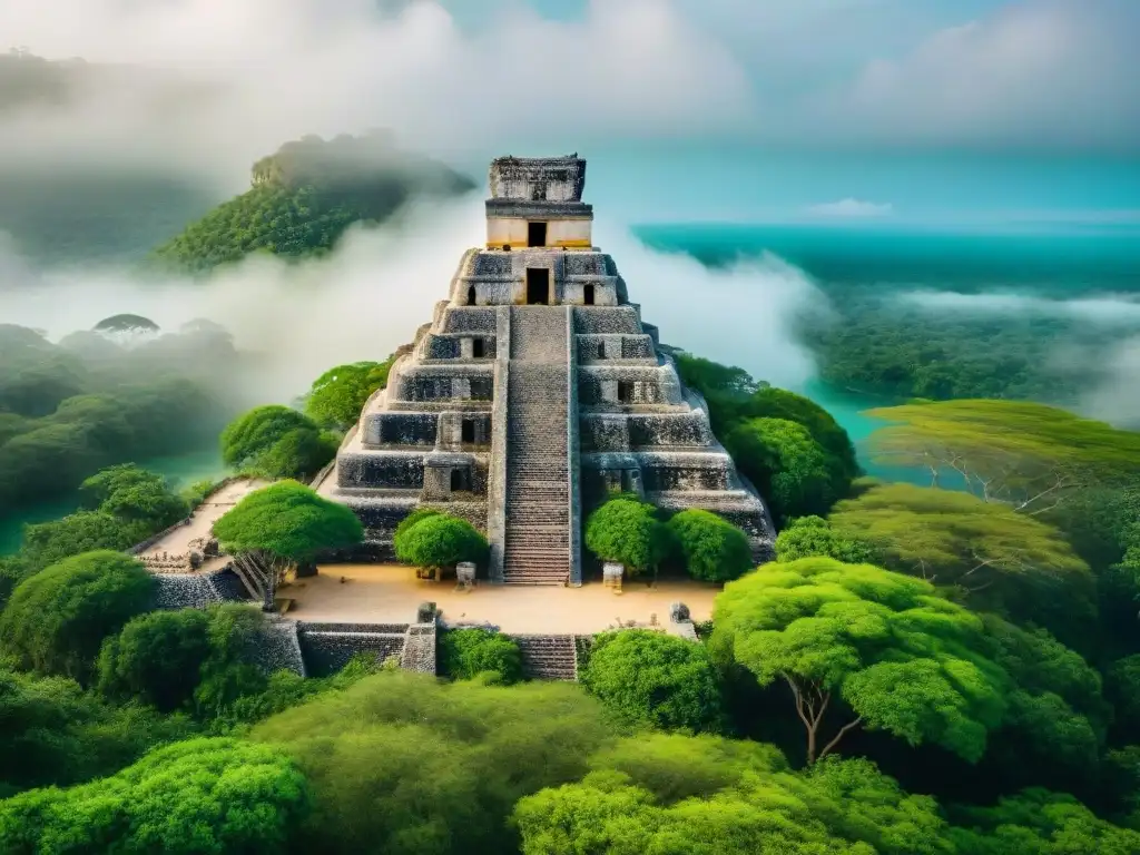 Ruinas antiguas de Coba entre verdor, lagos tranquilos y niebla misteriosa, evocando el misterio de este enigmático sitio arqueológico