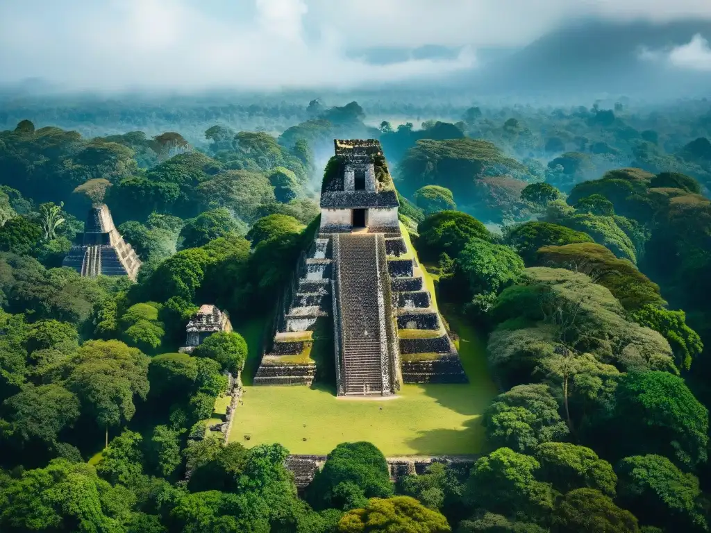 Ruinas antiguas de Tikal, Guatemala, entre exuberante vegetación bajo cielo azul