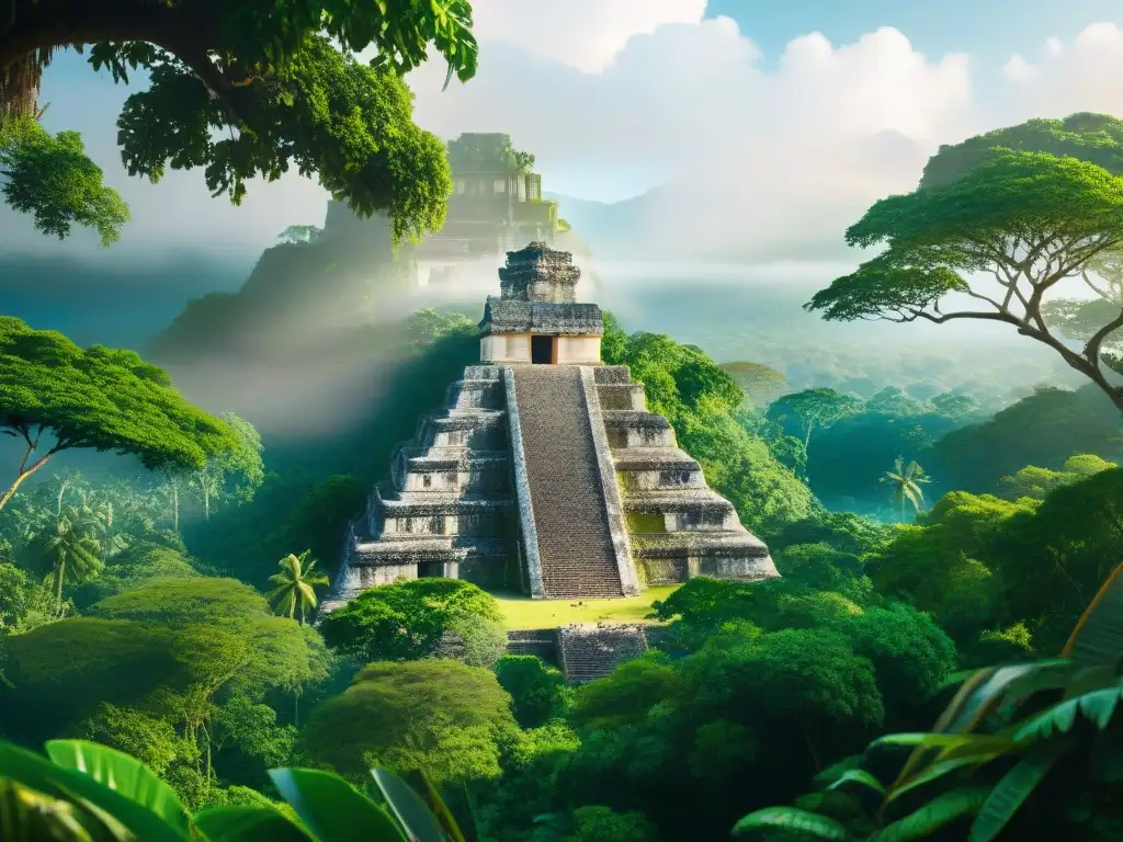 Ruinas antiguas emergen en la exuberante selva Maya, mostrando el impacto ambiental de la civilización maya en armonía con la naturaleza