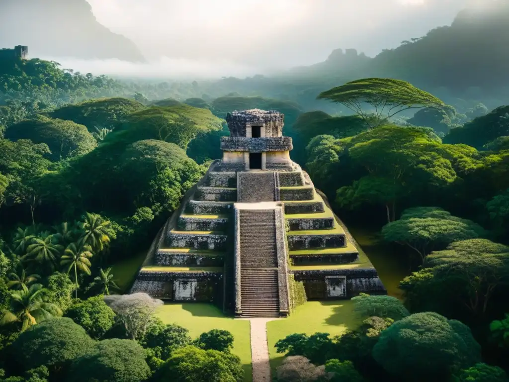 Ruinas antiguas de la civilización maya entre exuberante vegetación, destacando un templo colapsado