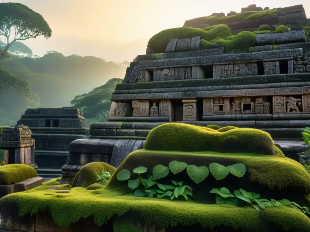 Ruinas antiguas de Dos Pilas: detallados relieves de piedra y vegetación vibrante, bajo el atardecer, historia reino maya Dos Pilas