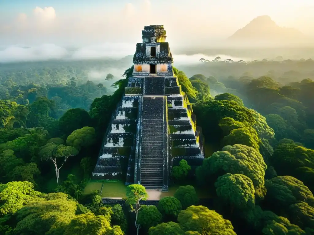 Explora las ruinas antiguas de Tikal al amanecer, entre la exuberante selva