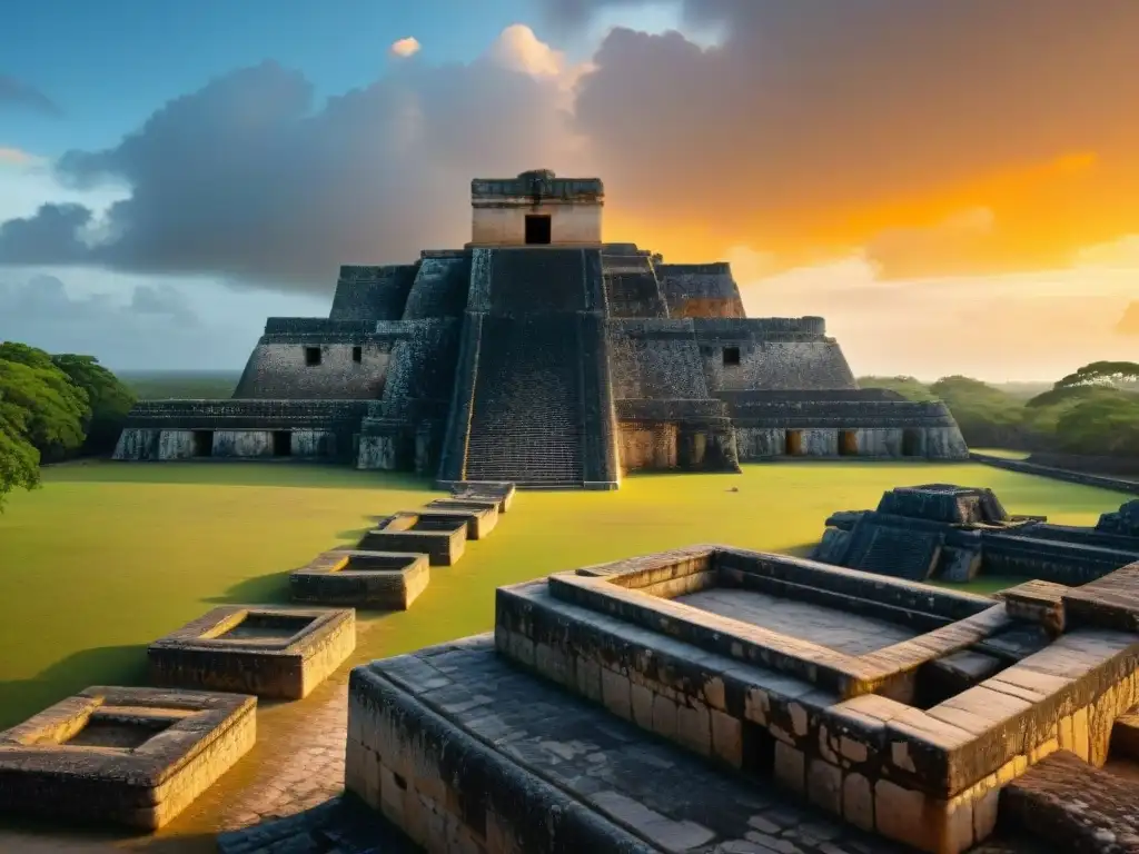 Ruinas antiguas de Uxmal al atardecer con leyenda del enano maya, misterio y belleza arqueológica