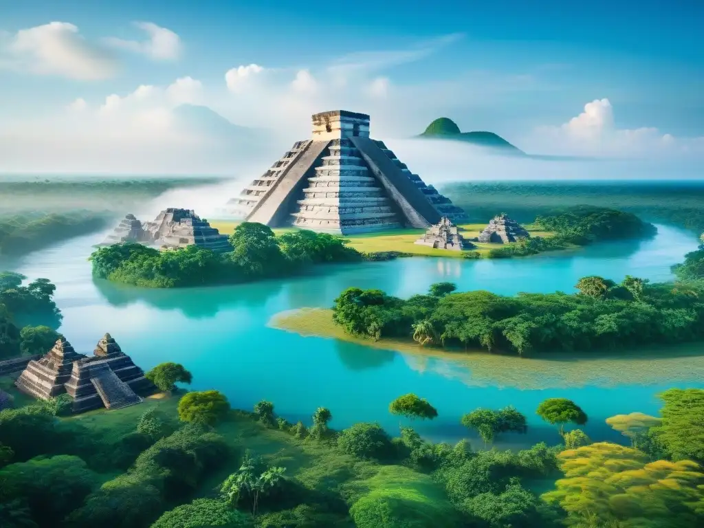 Ruinas de ciudad maya entre exuberante vegetación junto a un río, reflejando la influencia cambio climático sistemas fluviales