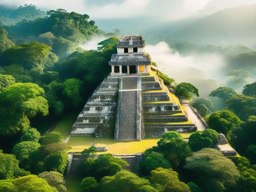 Ruinas de Palenque, ciudad sagrada en la selva, destacando su arquitectura maya entre la exuberante vegetación