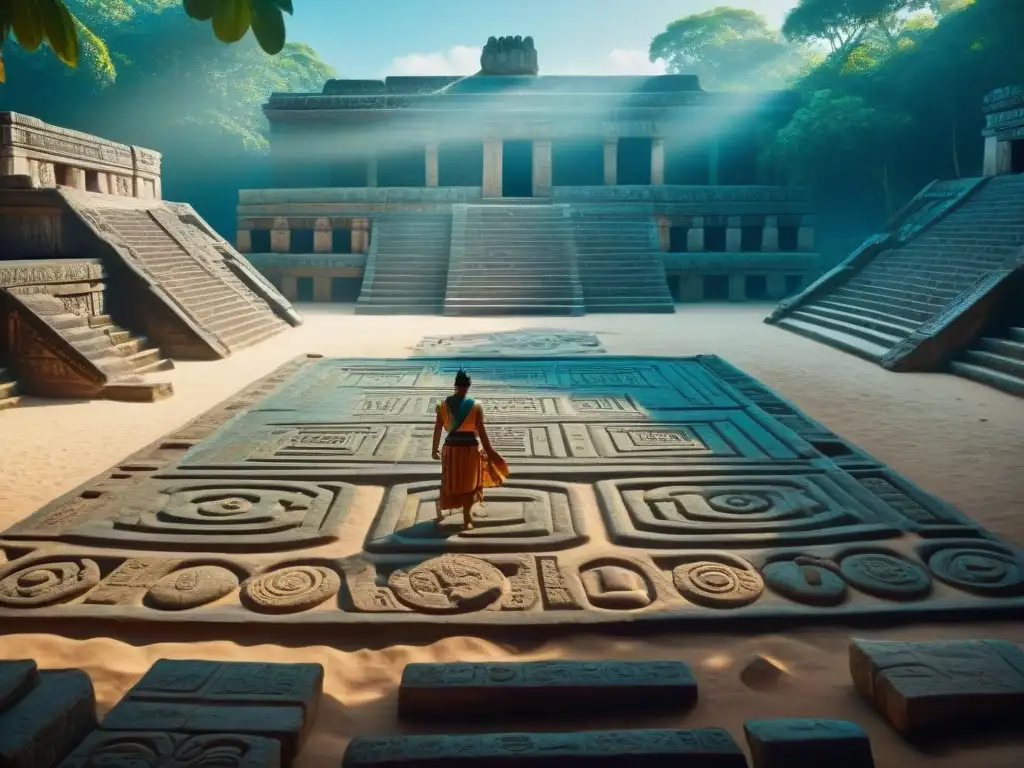 Ruinas del Juego de pelota civilización maya rodeadas de exuberante vegetación y estatuas de jugadores, bajo un cielo azul brillante