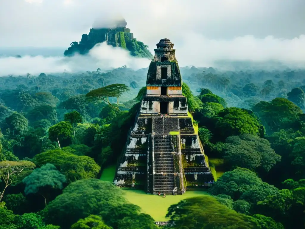 Ruinas majestuosas de Tikal, templos de piedra rodeados de selva, carvings mayas