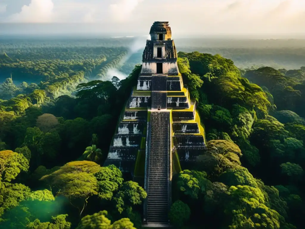 Ruinas majestuosas de Tikal en la era maya baktunes y piktunes, con pirámides imponentes y selva exuberante