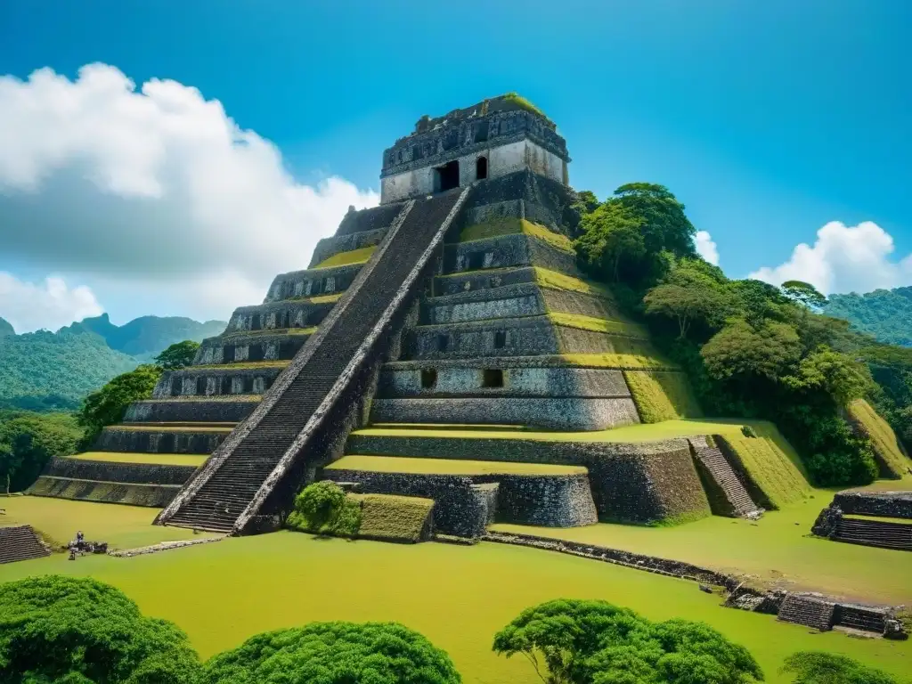 Ruinas majestuosas de Xunantunich en Belice con tallados de piedra detallados y estructuras imponentes entre exuberante vegetación y cielo azul