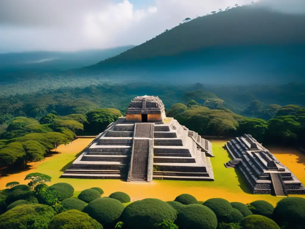 Ruinas de Iximché, capital maya antes conquista, con majestuosas pirámides y templos iluminados dramáticamente