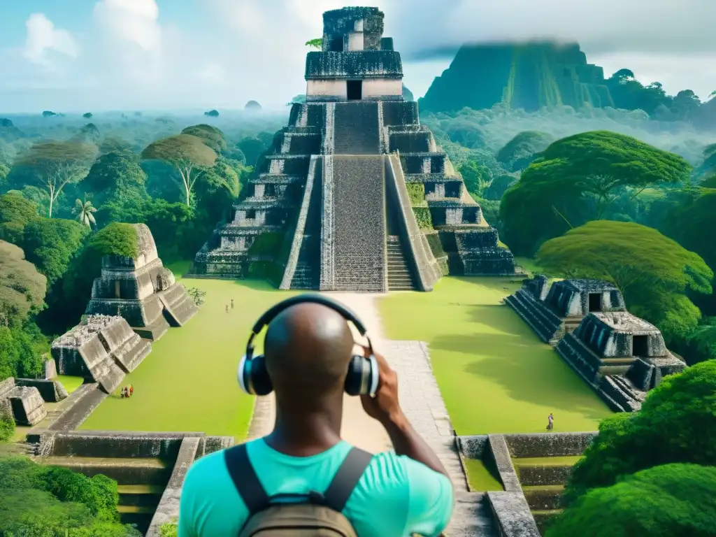 Explora ruinas maya con guía virtual en app de realidad aumentada, entre pirámides y naturaleza exuberante