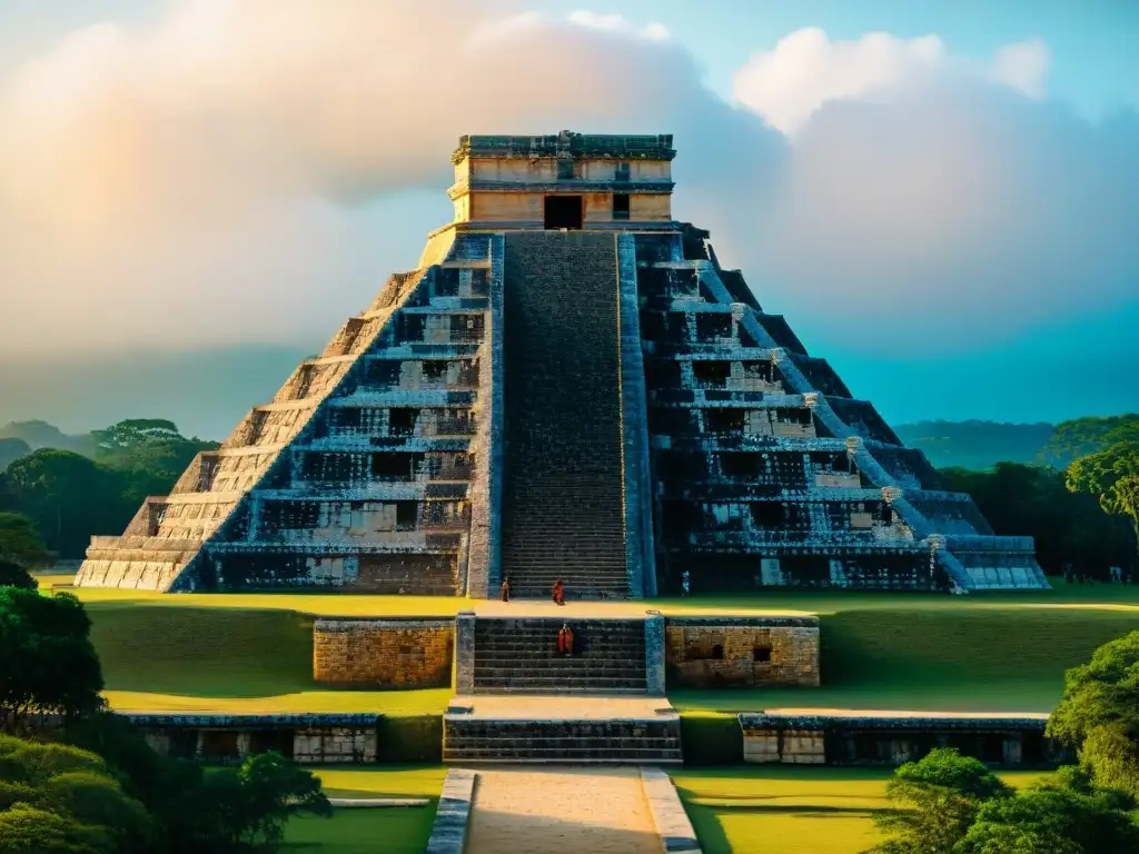 Ruinas mayas al amanecer, bañadas en luz dorada