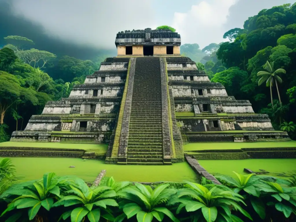 Ruinas mayas antiguas envueltas en vegetación exuberante, evocando misterio e historia