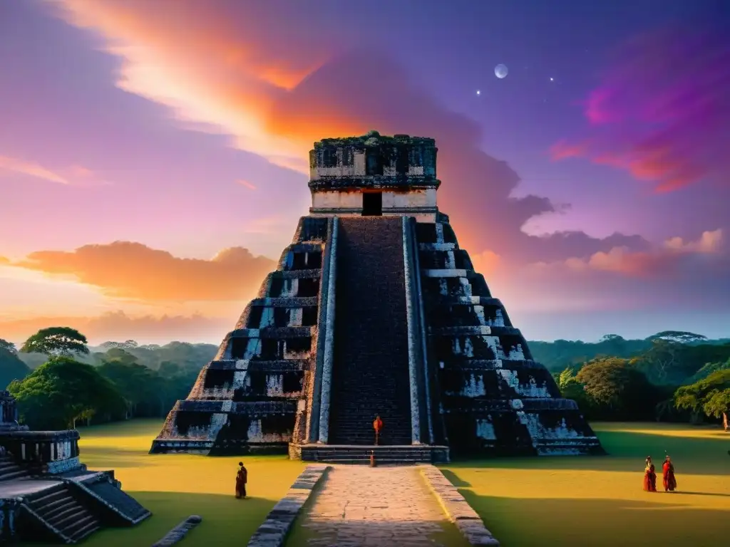 Ruinas mayas de Uaxactún al atardecer con figura solitaria y competencia astronómica Uaxactún Tikal