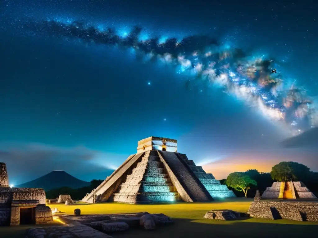 Ruinas mayas bajo un cielo estrellado, con la Vía Láctea y constelaciones