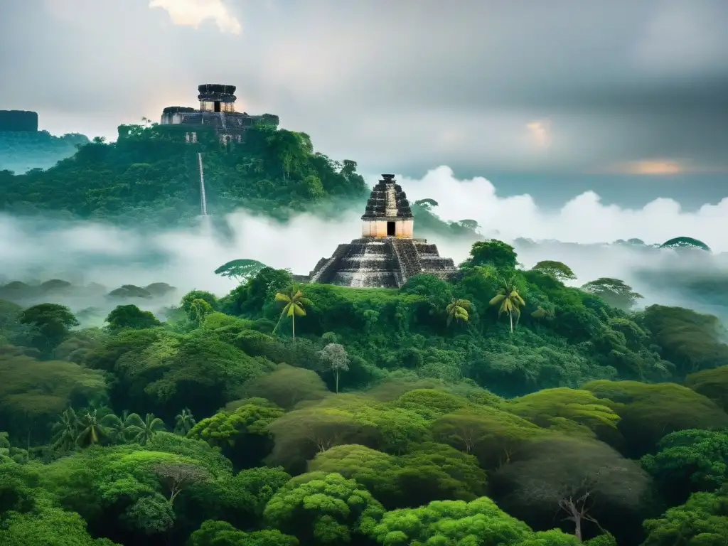 Ruinas mayas cubiertas por la exuberante vegetación, evocando el colapso maya y la vulnerabilidad ambiental