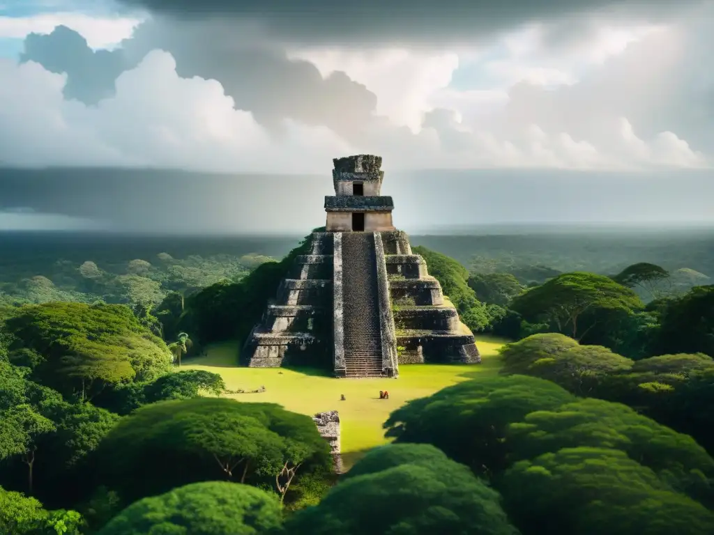Ruinas mayas: naturaleza reclamando Ruinas mayas cubiertas por selva, monumento con jeroglíficos, reflejo de la influencia del medio ambiente en el ocaso maya