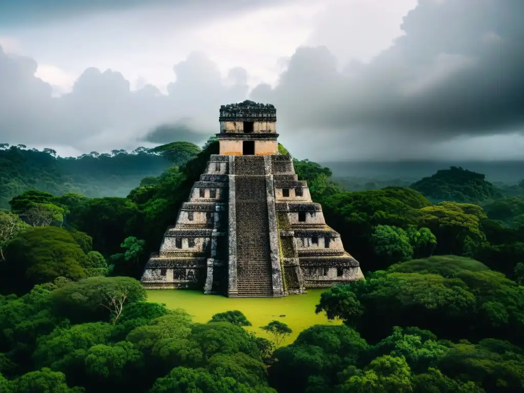 Ruinas mayas en la densa jungla bajo un cielo dramático, reflejando patrones climáticos en este destino maya