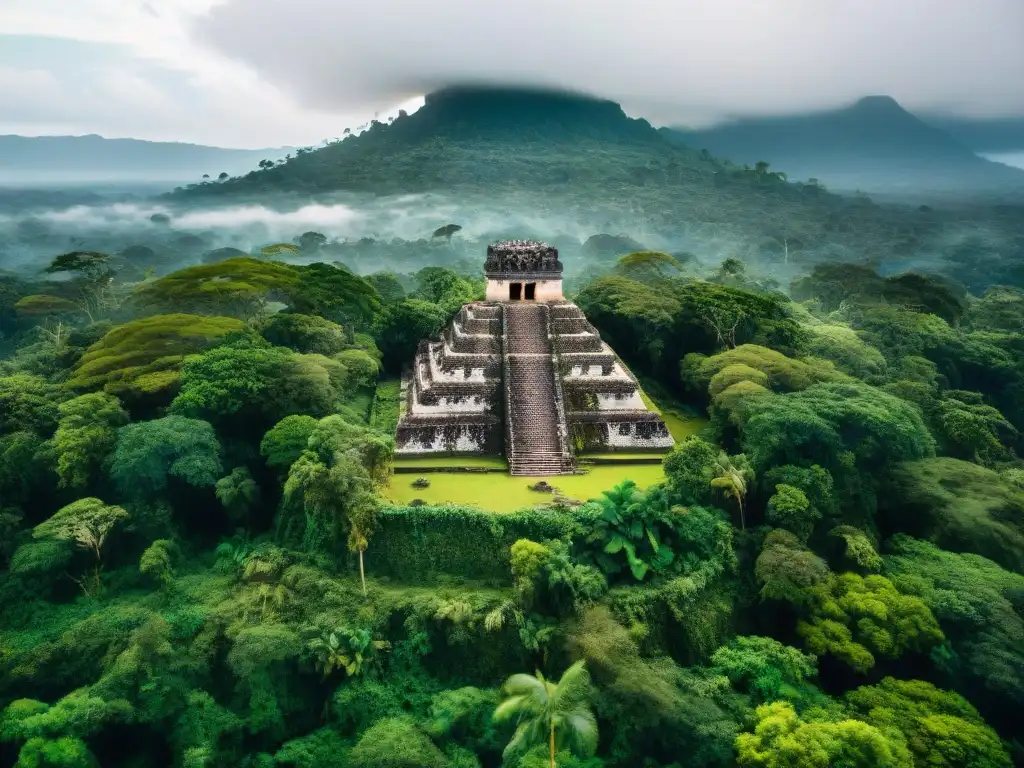 Misteriosas ruinas mayas entre la selva de Guatemala Ruinas mayas emergiendo entre la densa jungla guatemalteca, evocando la desaparición o transformación de los mayas