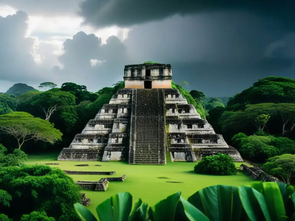 Ruinas mayas detalladas, cubiertas de vegetación, bajo nubes tormentosas