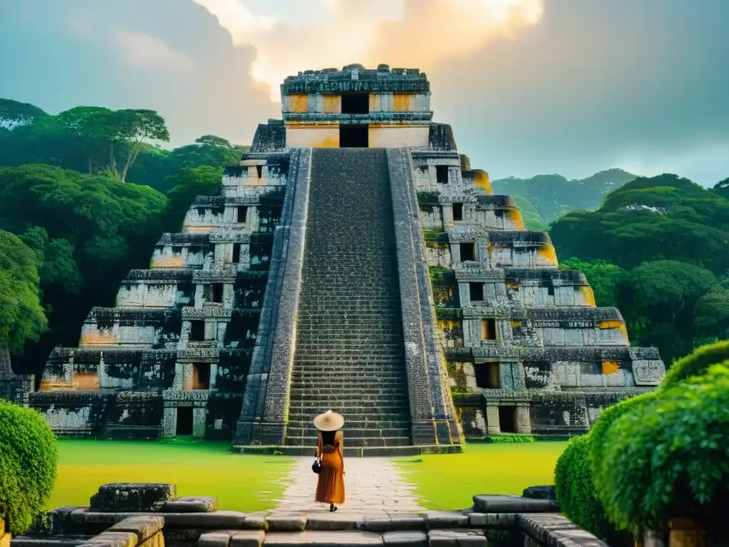 Ruinas mayas con detalladas esculturas y exuberante vegetación bajo la luz dorada, destacando la conservación y educación cultural