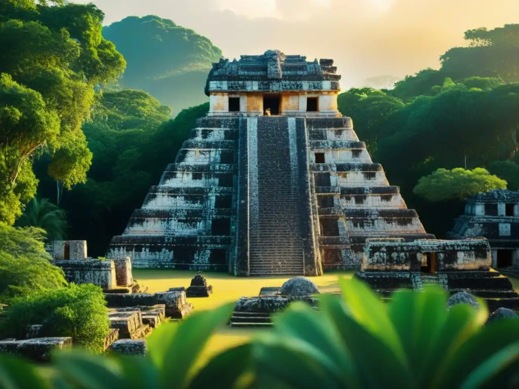 Ruinas mayas detalladas de San Gervasio en Cozumel, con tallados de piedra rodeados de vegetación bajo la luz dorada del atardecer