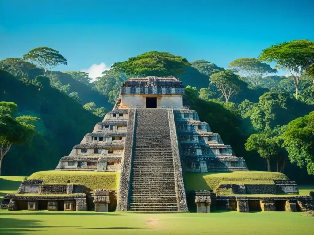 Ruinas mayas detalladas con grabados en piedra, estructuras templos y restos de vida diaria