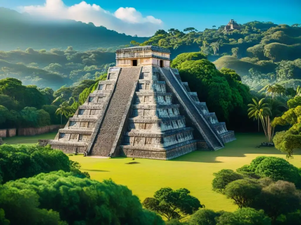 Ruinas mayas detalladas con jeroglíficos en medio de exuberante vegetación y cielos azules