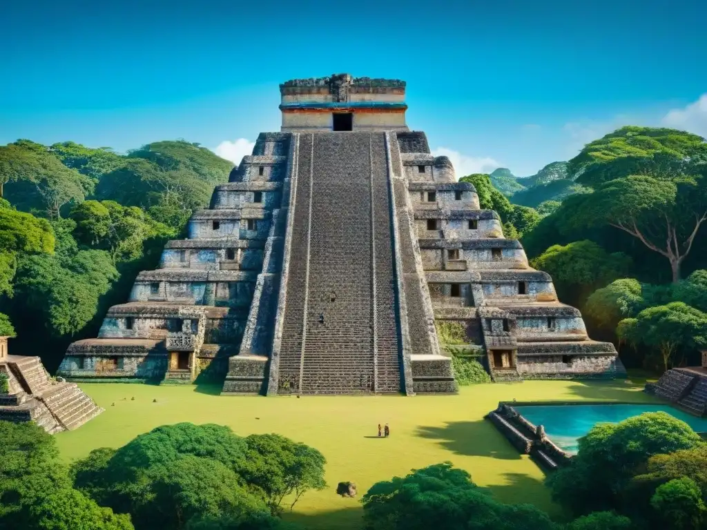 Ruinas mayas detalladas con jeroglíficos, murales y áreas residenciales y ceremoniales, reflejando las clases sociales en la civilización maya