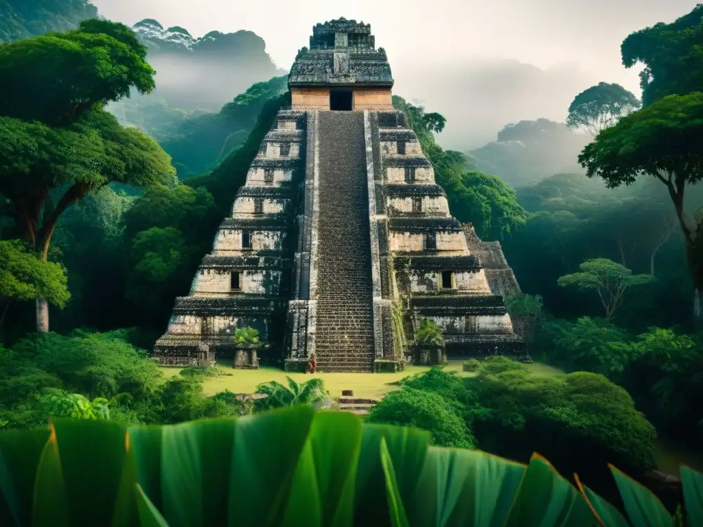 Ruinas mayas detalladas en la jungla, con piedras talladas y glifos visibles, simbolizando el colapso de la civilización por conflictos internos