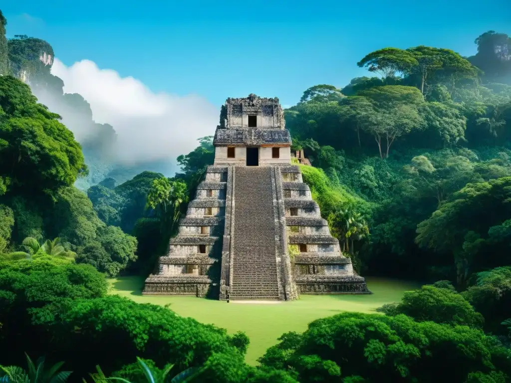 Ruinas mayas detalladas con legado técnico de construcción civilización maya en selva verde bajo cielo azul claro