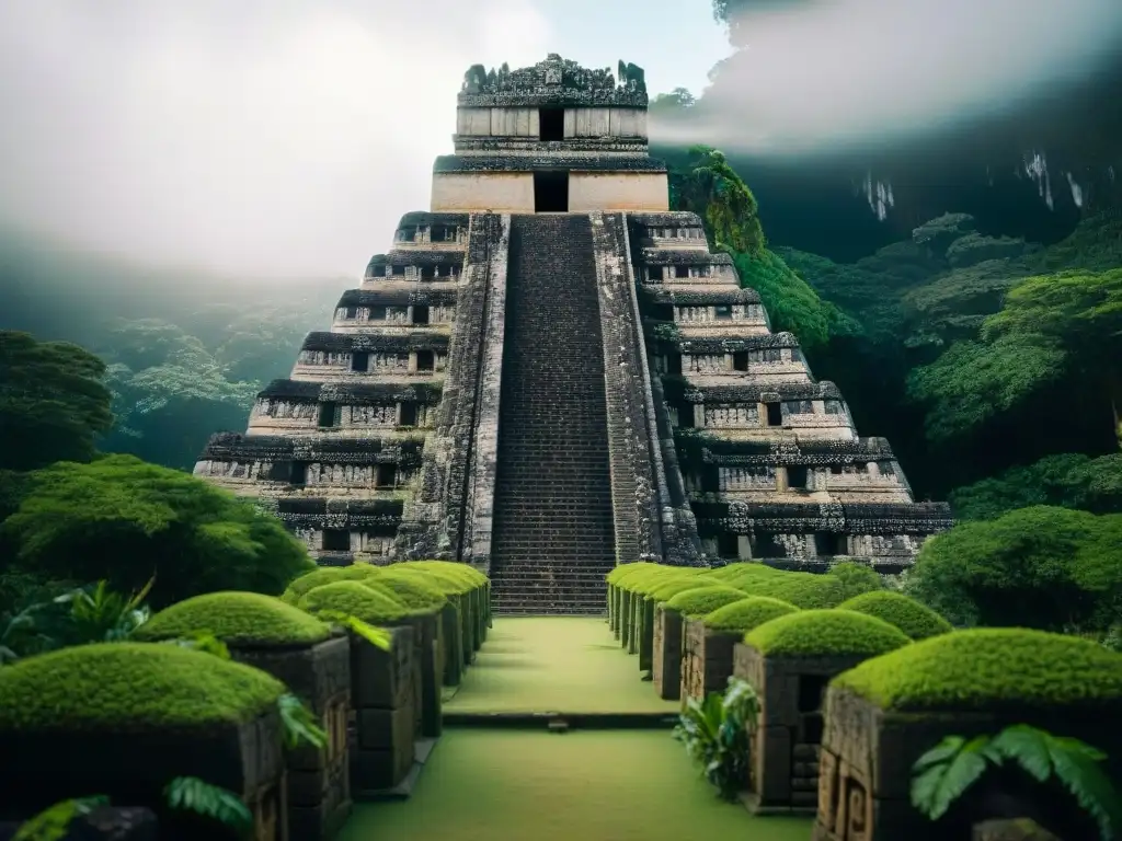 Ruinas mayas detalladas con técnicas de construcción avanzadas, templo majestuoso con bloques de piedra perfectamente ensamblados