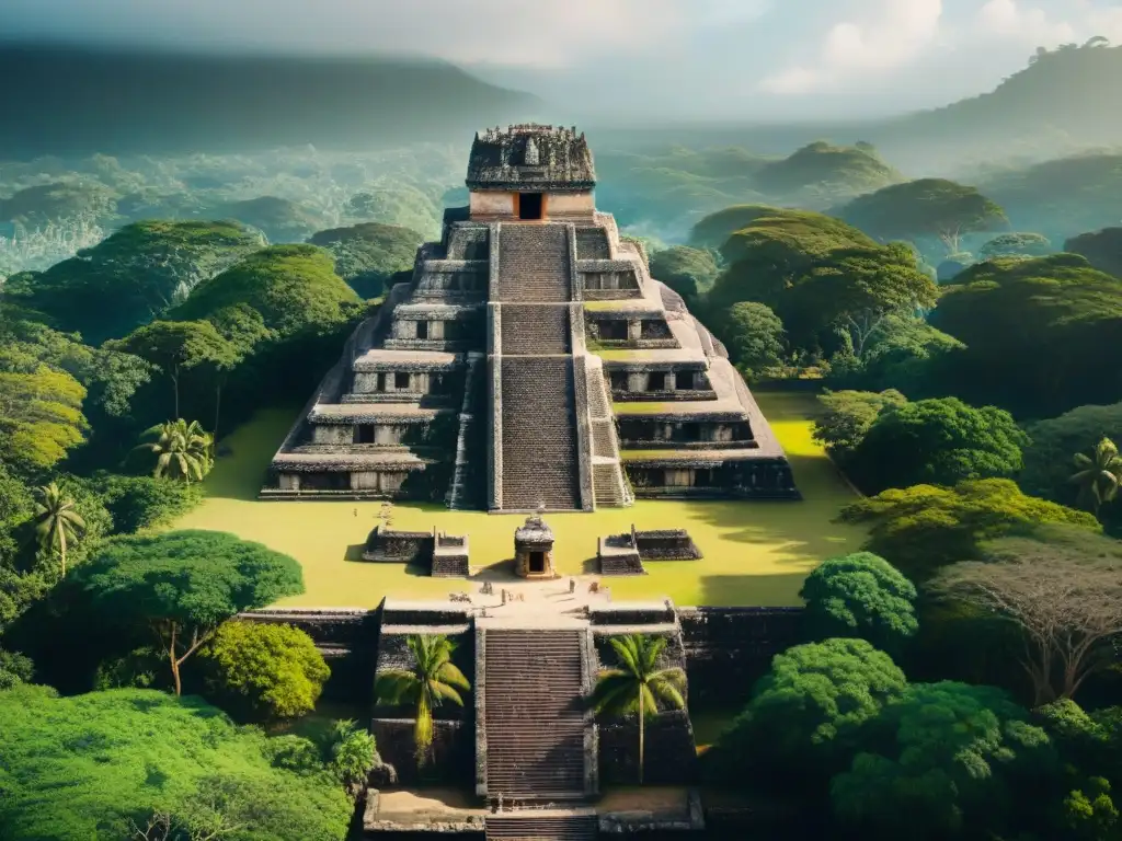 Ruinas mayas detalladas con templos, estructuras de piedra e hieroglíficos, en medio de exuberante vegetación tropical