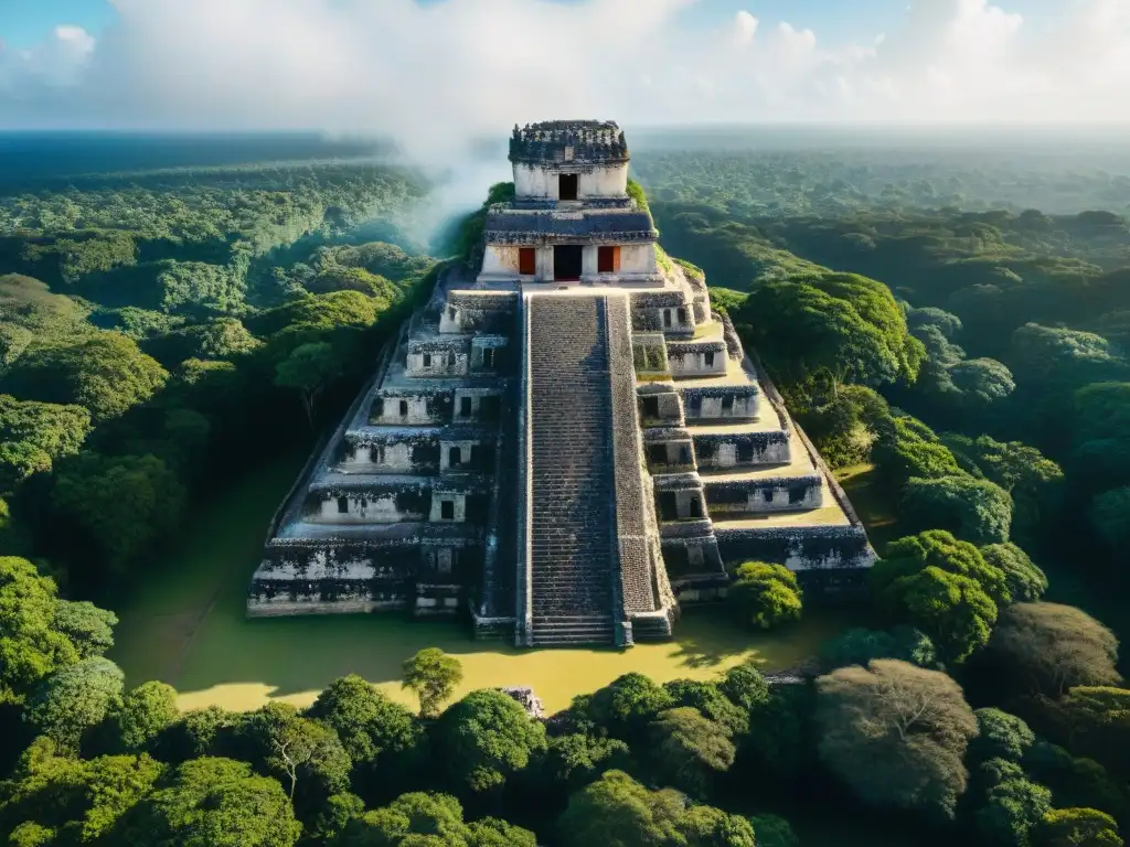 Ruinas mayas envueltas por la exuberante jungla, resaltando el impacto ambiental en estas construcciones ancestrales