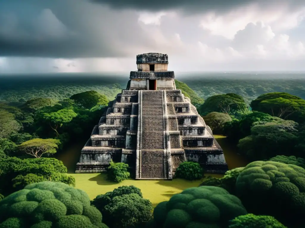 Ruinas mayas envueltas por la jungla, cielo tormentoso y cultura ancestral impactada por cambio climático