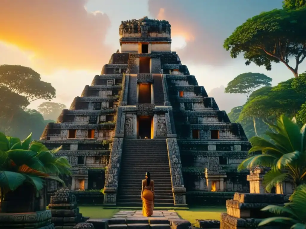 Ruinas mayas envueltas en vegetación tropical bajo la luz dorada del atardecer